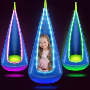 Bghdas Light Up Kids Pod Swing Seat, Hanging Hammock Chair with LED Lights, Upgraded Cotton Child Sensory Swing Seat, Sensory Swing for Autistic Kids Indoor & Outdoor Play (Blue)