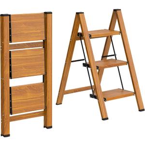HBTower Step Ladder,Lightweight Aluminum Folding Step Stool with Anti-Slip Wide Pedal,330lbs Capacity Step Ladder for Household,Kitchen,Office - Woodgrain