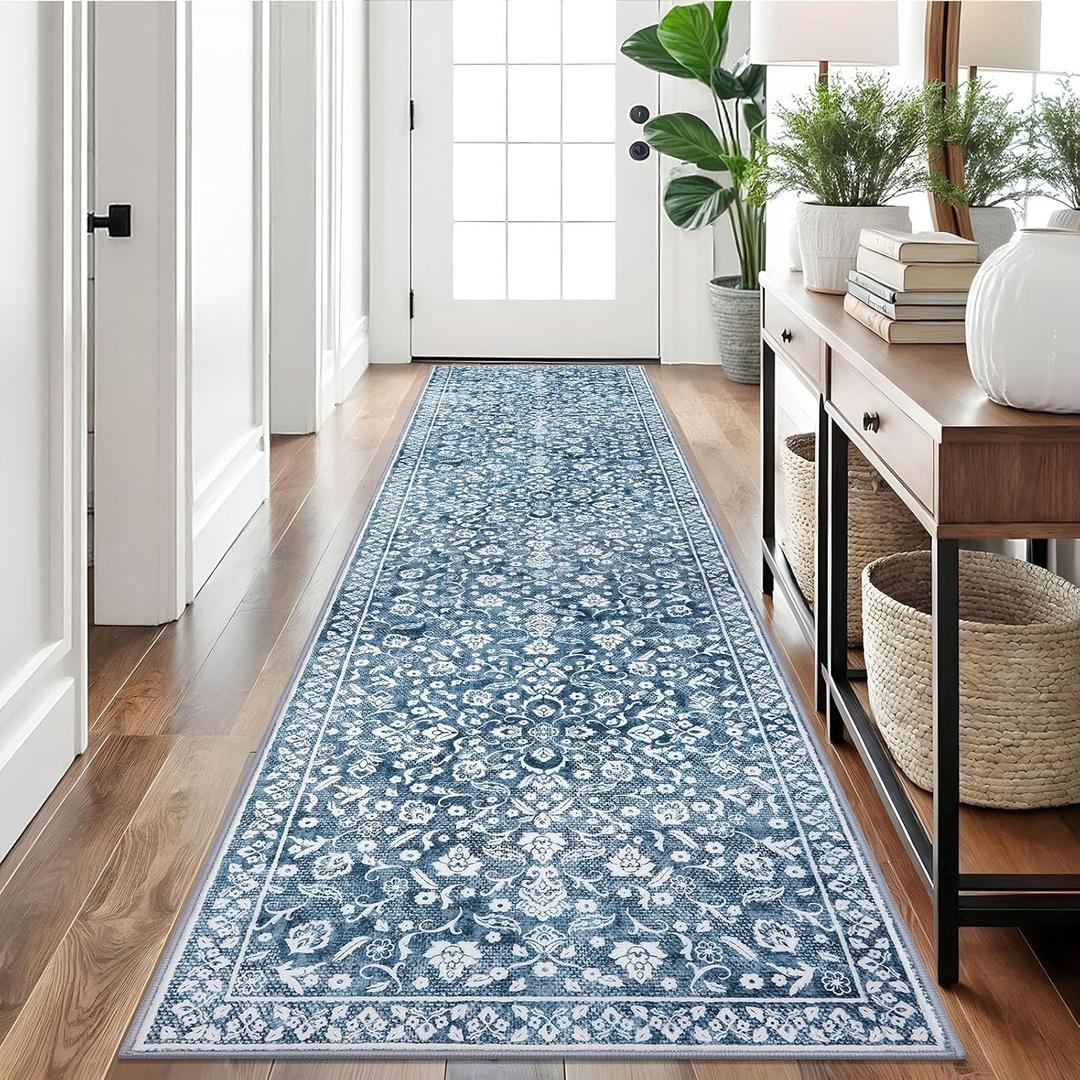 Vintage 2.6x10 Hallway Runner, Blue and White Washable Non-Slip Long Hallway Carpet, Super Soft Kitchen Runner, Print Faux Wool Floral Thin Carpet for Entryway