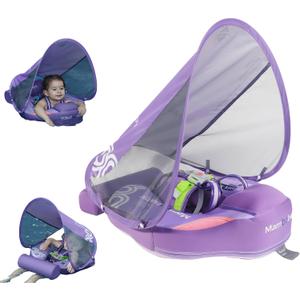 Mambobaby Float Baby Float with Canopy & Tail Non-Inflatable Infant Pool Floats Adjustable Safety Strap Toddler Swim Trainer (Purple)