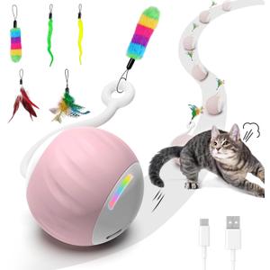 Interactive Cat Toy for Indoor (Sounds&Touch Control) Smart Cat Toys-Automatic Moving Cat Ball Toy-Fast Slow 2Speed with Feathers Tail&Lights for Kittens,Older Cats,Bored Cats,Ferret,USB Rechargeable (Pink)