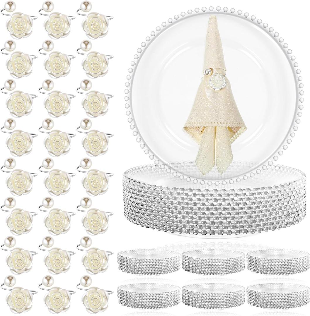 Tioncy 50 Set Clear Silver Charger Plates and Napkin Rings Bulk Beaded Charger Plates 13 Inch Plastic Round Table Decoration for Dinner Wedding Party Event
