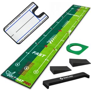 SAPLIZE Two-Speed Golf Practice Mat with Alignment Mirror, 20 in X 10 ft Training Aid Mat, Anti-Slip Backing Golf Putting Green for Indoor/Outdoor