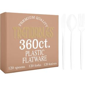 White Plastic Silverware Set White Silverware Disposable Forks and Spoons Disposable 360 Pack Plastic Utensils Set Includes 3 x 120 each Knives & Spoons & Forks For Parties and Events by Trendables