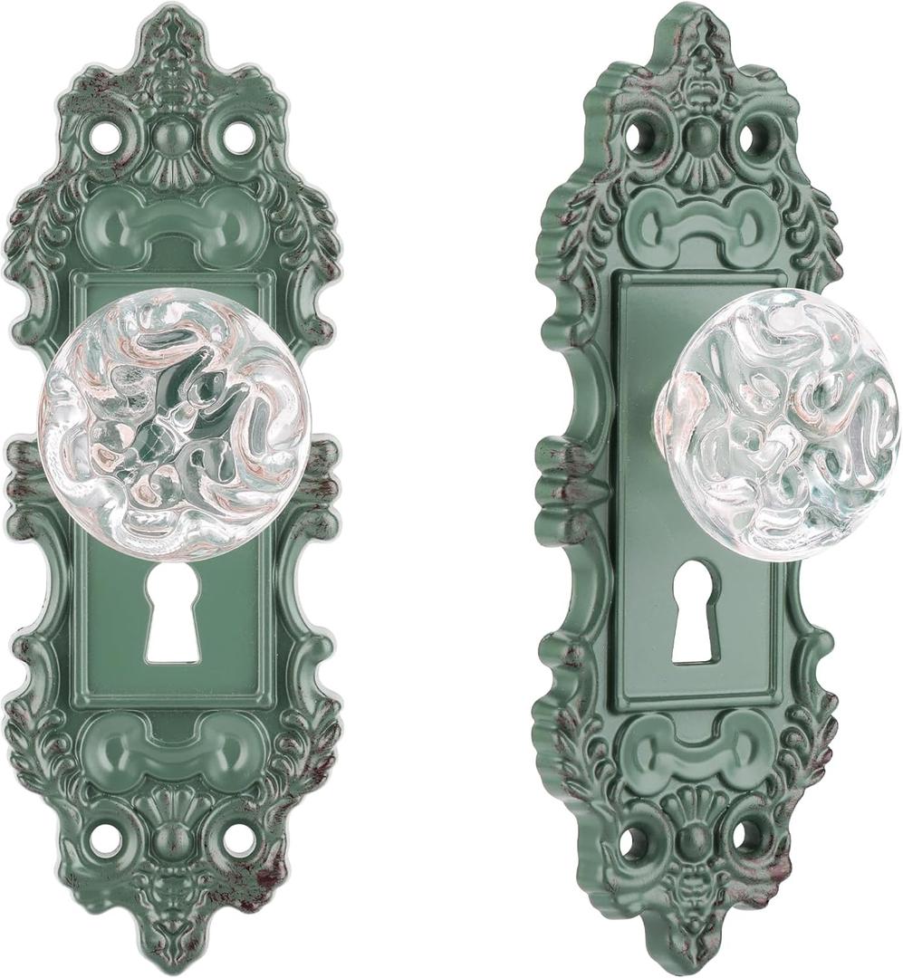 Vintage Dummy Door Knob Interior 2 Pack Crystal Glass Door Knobs Antique Green Cabinet Knobs Keyless Decorative Hallway Closet Door Pulls Dresser Handles