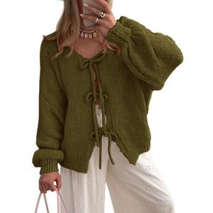 PRETTYGARDEN Women's Tie Front Bow Cardigan Sweaters Chunky Knit Long Puff Sleeve Trendy Fall Winter Jacket Coats M