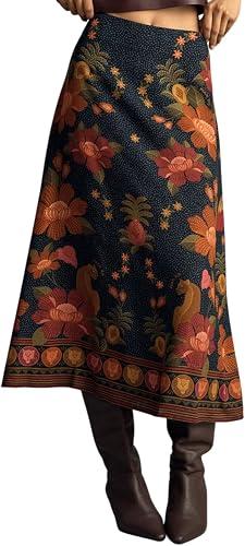 Breoklla Women 2025 Fall Skirt Boho Midi Western Skirt Floral Cowgirl Dress for Country Concert Outfit (2408B,Navy,M)