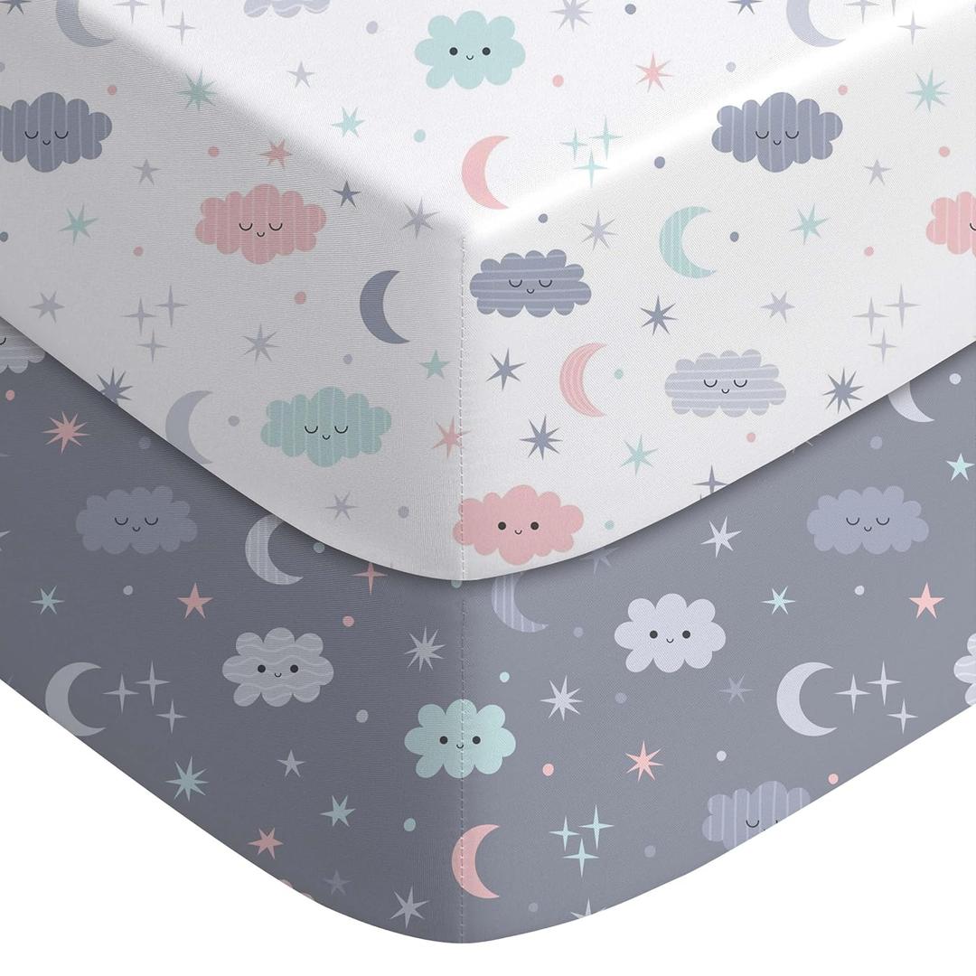 Yoofoss Pack and Play Sheets Fitted, Mini Crib Sheets 2-Pack for Pack N Play Mattress, Stretchy Playard Sheet, Soft and Breathable (Cloud, Grey)