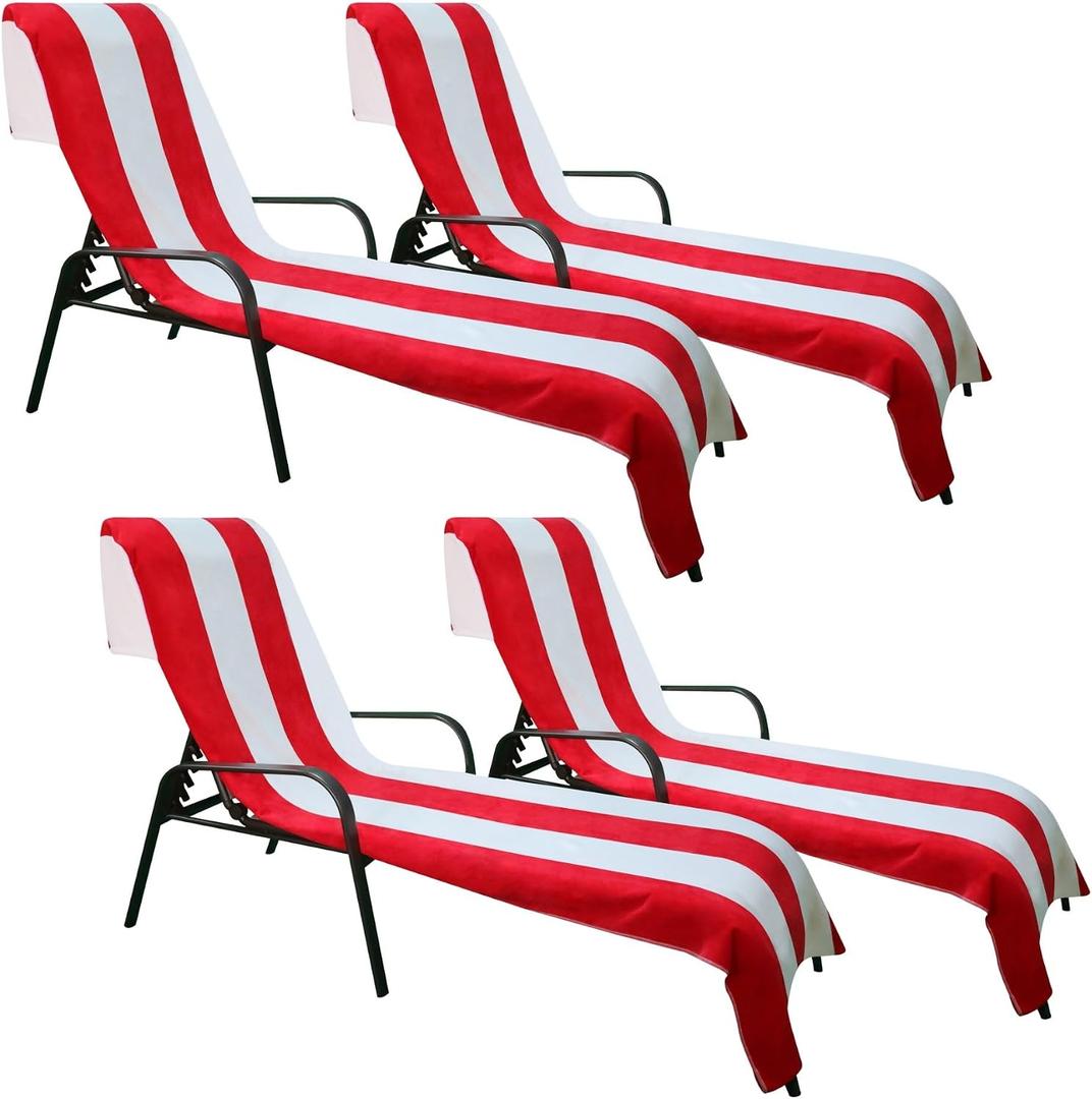 Superior Cabana Cotton Lounge Chair Cover, Outdoor Towel/Chaise Furniture Covers, Terry Cloth, Beach, Spa, Swim Accessories, Pool Chair Cover, Soft, Quick Drying, 32" x 102", Set of 4, Red