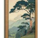 Framed Japanese Style Mountain Landscape Canvas Wall Art, Vintage Tree Scenery Print, Retro Woodblock Inspired Nature Painting for Bedroom Living Room Office Home Decoration, 24"L x 16"W
