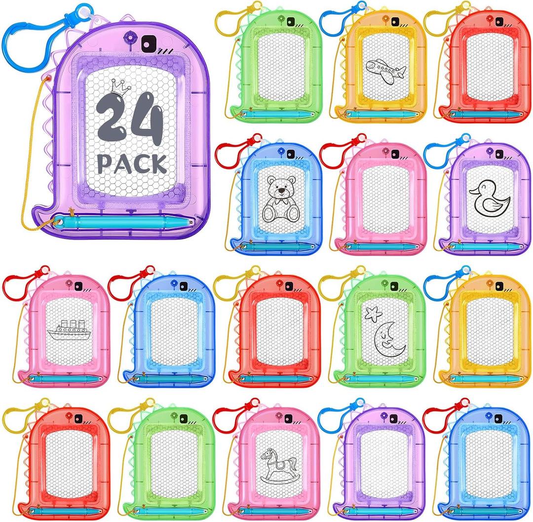 Outus 24 Pcs Mini Magnetic Drawing Boards Doodle Board for Kids Backpack Keychain Clip Drawing Board Erasable Sketch and Painting Pad for Classroom Rewards Party Favors (Dinosaur)