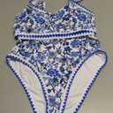 Herseas Women's Bikini Sets Floral Print Whip Stitch 2 Piece Swimsuits High Waisted Scoop Bathing Suits (M)
