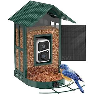 Soliom- Bird Feeder with Camera, 5W Solar Powered, AI Identify Species, Smart Wild Bird Watching, 2K Live View, Instant Arrival Alerts,Large 2.7L Seed Capacity, Metal Squirrel Chew-Proof - BF08 Green