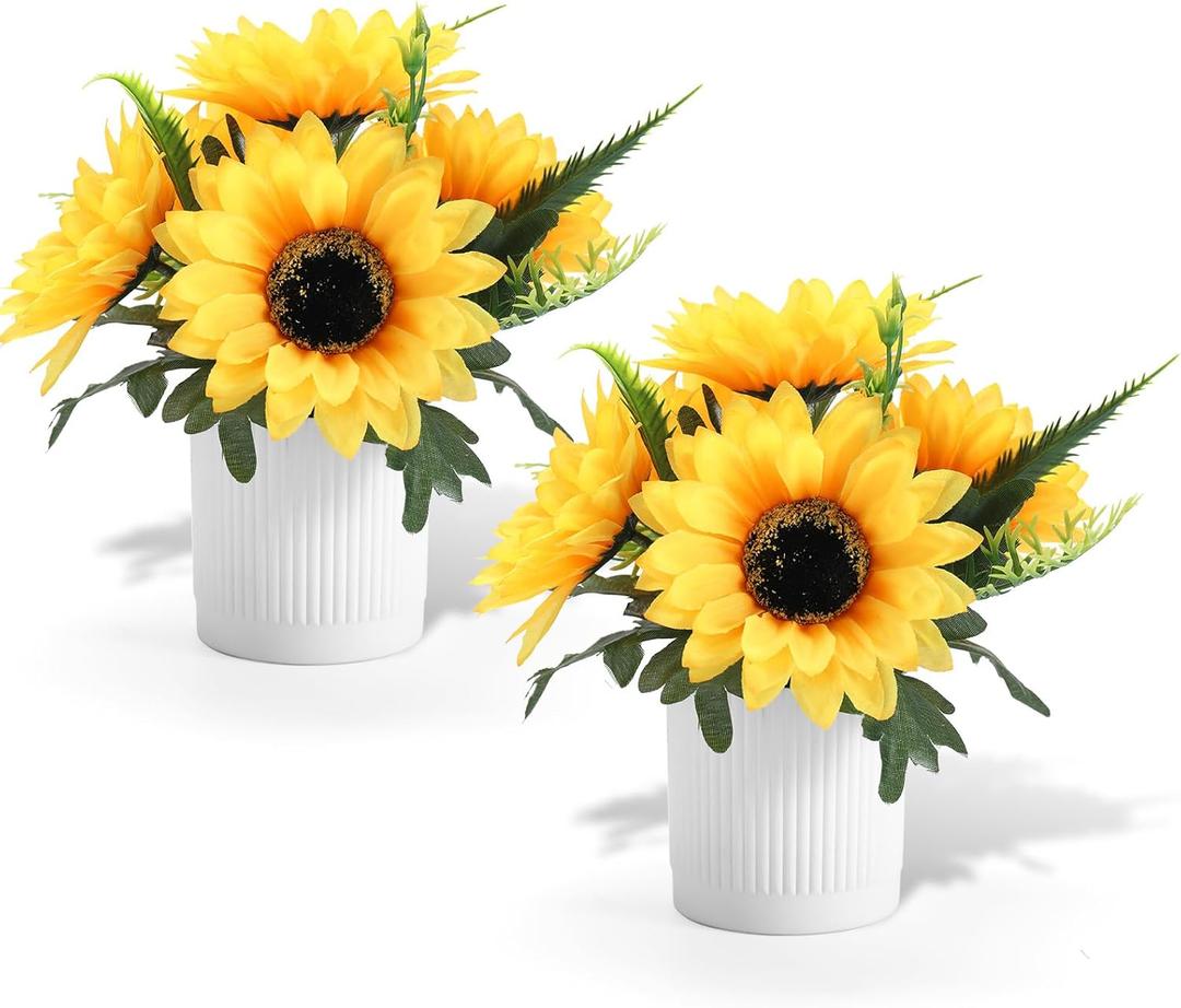 2 Pack Sunflower Artificial Flowers Potted Small Fake Plant,Yellow Sunflower Small Artificial Plants for Home Office Farmhouse Coffee Table Bathroom Wedding Party Decor