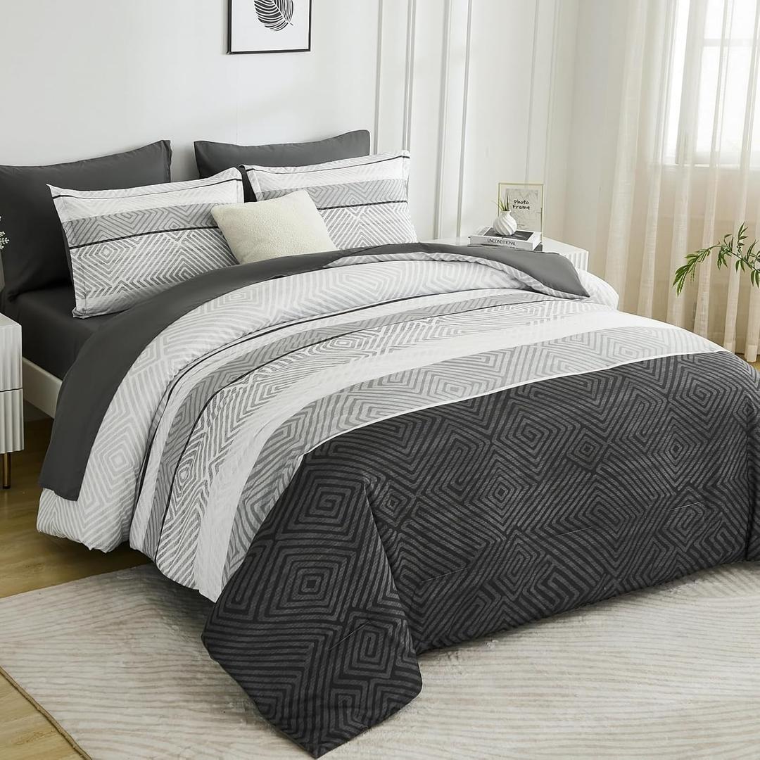 Black and Grey Comforter Set California King Size 7 Piece Bed in a Bag Boho Striped Bedding Set Soft Microfiber Comforter and Sheet Set for All Season (Cal King, 104"x96")