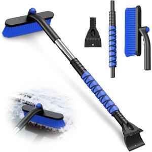 33" Snow Brush and ice Scraper for car Windshield, 2 in 1 with 360Rotating Brush Head, Thick PVC Brush,Detachable and Assembled, with Ergonomic Foam Grip for Cars(Heavy Duty ABSBlue)