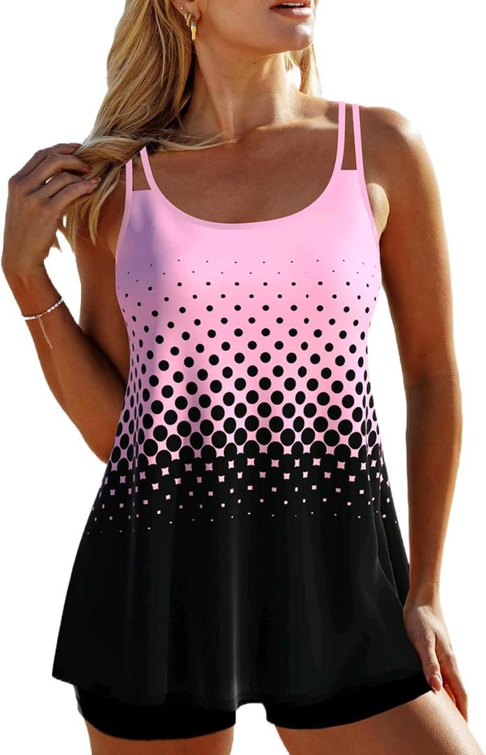 ROSEWE 2025 Tankini Swimsuits for Women, Two Piece Bathing Suits with Shorts, Modest Tank Top Swim Dress (Medium, Pink Black)