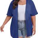 OLRIK Plus Size Lightweight Cardigan for Women Summer Sheer Short Sleeve Cardigan with Pockets Beach Cover Up (3X, Navy Blue)
