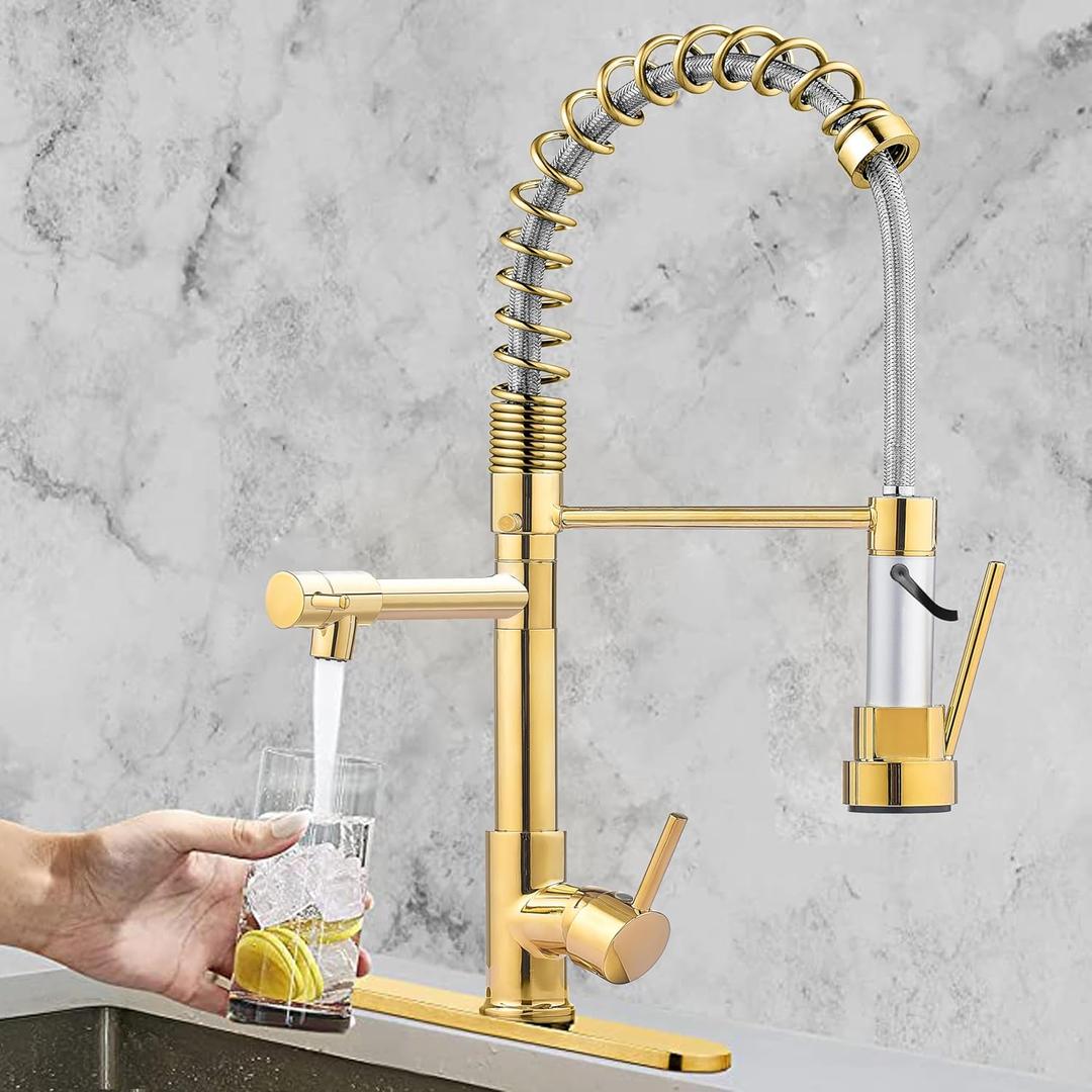 Gold Kitchen FaucetKitchen Faucet with Pull Down Sprayer, Serimer Commercial Spring StyleSingle Handle 360 Rotatable Faucet with Deck Plate for Camper Farmhouse RV Bar