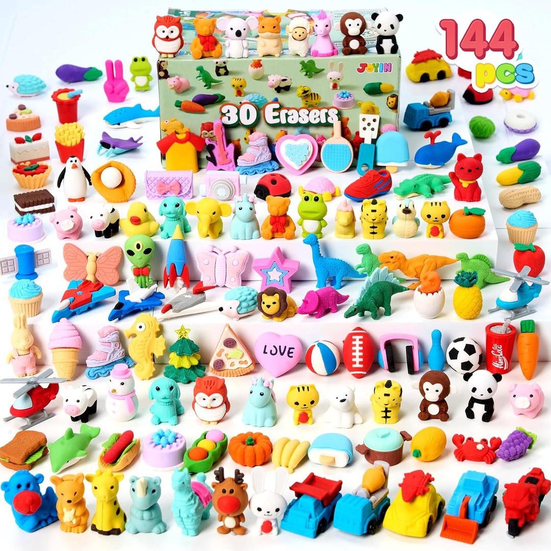 JOYIN 144Pcs Animal Erasers for Kids, Cute Pencils Erasers Bulk, Desk Pets Puzzle for Classroom Rewards Back to School Supplies Party Favors Treasure Box Toys Gifts