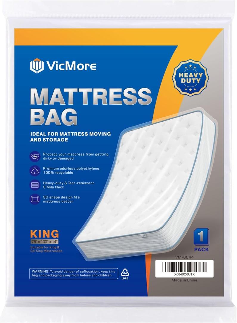 VICMORE 3mil Heavy-Duty Plastic Mattress Bag for King/Cal King Size  Tear-Resistant Mattress Protector Cover for Moving & Storage, Transparent & Easy Fit