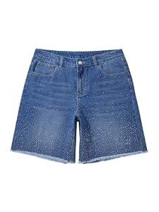 Verdusa Men's Rhinestone Jean Shorts Straight Leg Jorts Denim Shorts with Pockets Blue 26