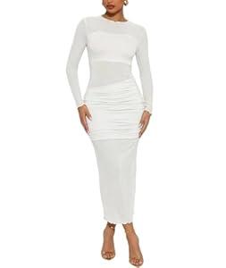 Ekaliy Women's Sexy Mesh Dress Long Sleeve Mock Neck Bodycon Sheer Ruched Maxi Dress Party Cocktail Dresses White