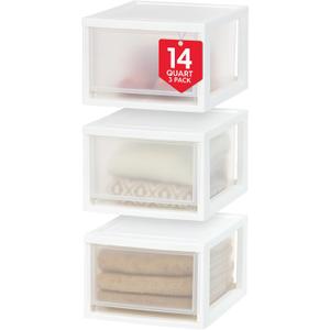 IRIS USA 14.5 Qt. Plastic Drawer Storage Organizer Stacking Drawers, 3-Pack, Stackable Unit with Sliding Drawer for Clothes Bedroom Kitchen Under Sink Pantry Craft Room Bathroom Dorm Office, White