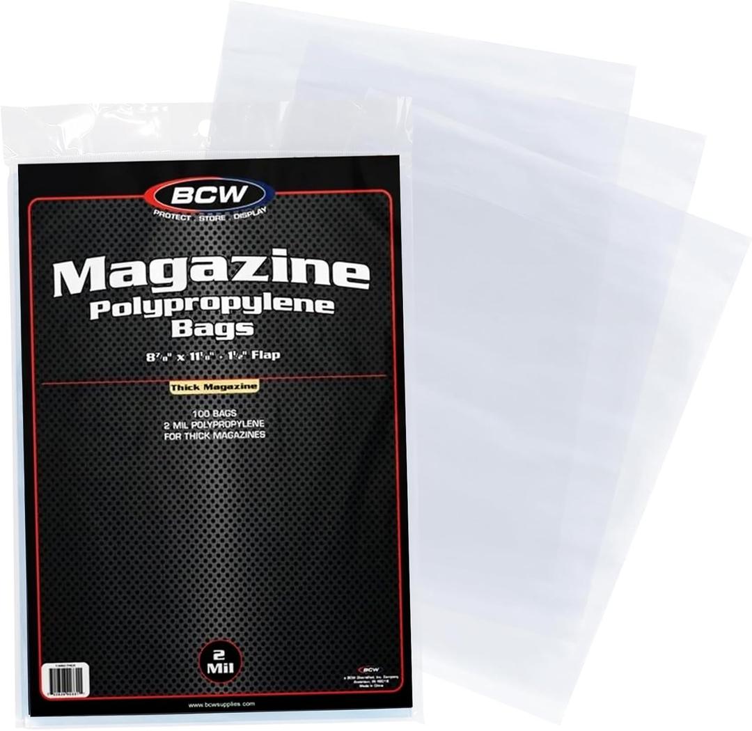 BCW Thick Magazine Bags - 1 Pack of 100 | Acid-Free, Clear Polypropylene Sleeves for Archival-Quality Storage of Collectible Magazines | Protect and Showcase Your Valuable Comic Book Collection