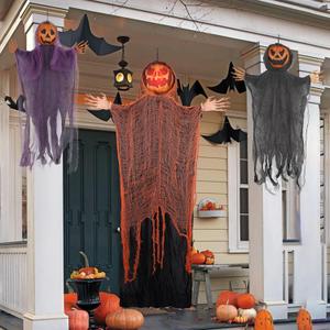 DR.DUDU 3 Pack Hanging Halloween Decor Outdoor Pumpkins Ghost Spooky Skeleton with Bendable Arms, Pumpkin Decorations with Lighted Head for Tree Porch Garden Party Indoor Dcor
