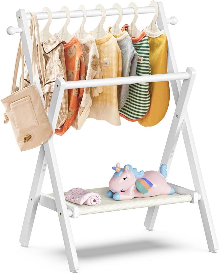 Baby Clothing Rack for Baby Shower Pets Dolls, Baby Clothes Rack with Storage Shelf & Double Rods, Toddler Clothes Rack, Mini Closet Baby Shower Rack (White)