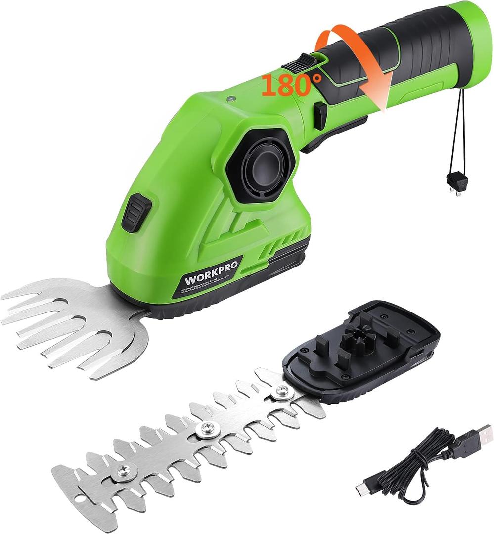 WORKPRO Cordless Grass Shear & Shrubbery Trimmer - 2 in 1 Handheld Hedge Trimmer 7.2V Electric Grass Cutter 2.0Ah Rechargeable Lithium-Ion Battery and USB Cable Included (Green)