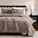 WDCOZY Velvet King Size Quilt Set - Brown Taupe Tan Camel Striped Pick Stitch Soft Lightweight Bedspread, Channel Farmhouse Country Rustic Coverlet, Modern Bedding Warm Thin Comforter, 3 Pieces (King(104"x90"))