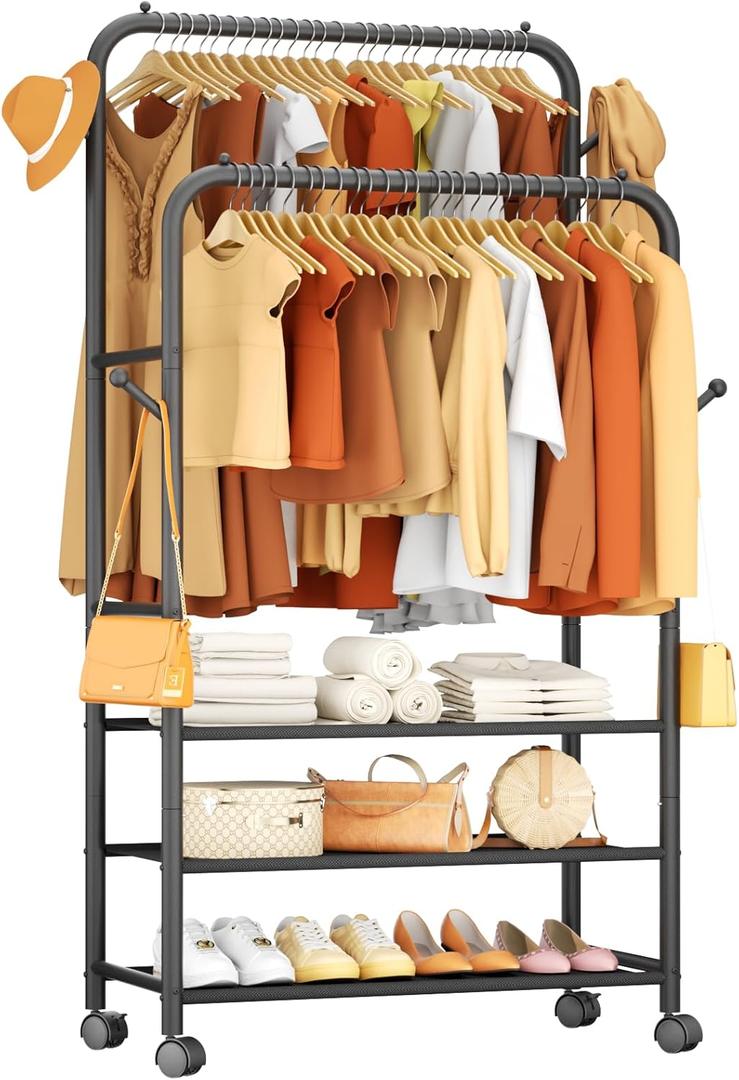 Furologee Clothes Racks for Hanging Clothes, Portable Rolling Garment Rack, Sturdy Metal Freestanding Cloths Racks with Wheels, Double Rods Wardrobe Rack for Bedroom Laundry Living Room (3-Tier Shelf)