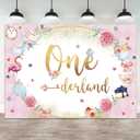 5x3ft 1st Birthday Backdrop Onederland Tea Party Photography Background Pink Flower Green Leaf Flamingo Teapot Girls First Birthdays Party Banner Decorations Kids Parties Photo Booth Prop