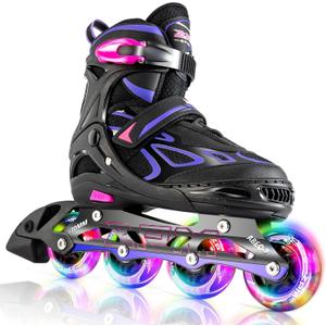 2PM SPORTS Vinal Girls Adjustable Flashing Inline Skates, All Wheels Light Up, Fun Illuminating Skates for Kids Men Adult Women and Boys (X-Large - Adult (9.5W-12W/8.5M-10.5M), Violet & Magenta)