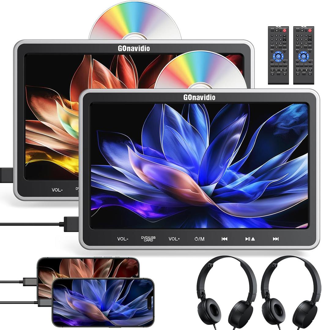 10.1" Dual Car DVD Players for Kids with HDMI Input 2 Headphones Mounting Bracket, Play Same/Different Movies, Last Memory, Region Free, USB SD, Dual Speakers, No Battery(2 DVD Players)