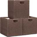 Wicker Storage Baskets for Organizing, 3 Pack Rustic Foldable Square Basket for Shelves, Handwoven Cubby Organizer Bins for Home Decor, Small Cube Storage Bin for Closet Organization (Brown 11 inch)