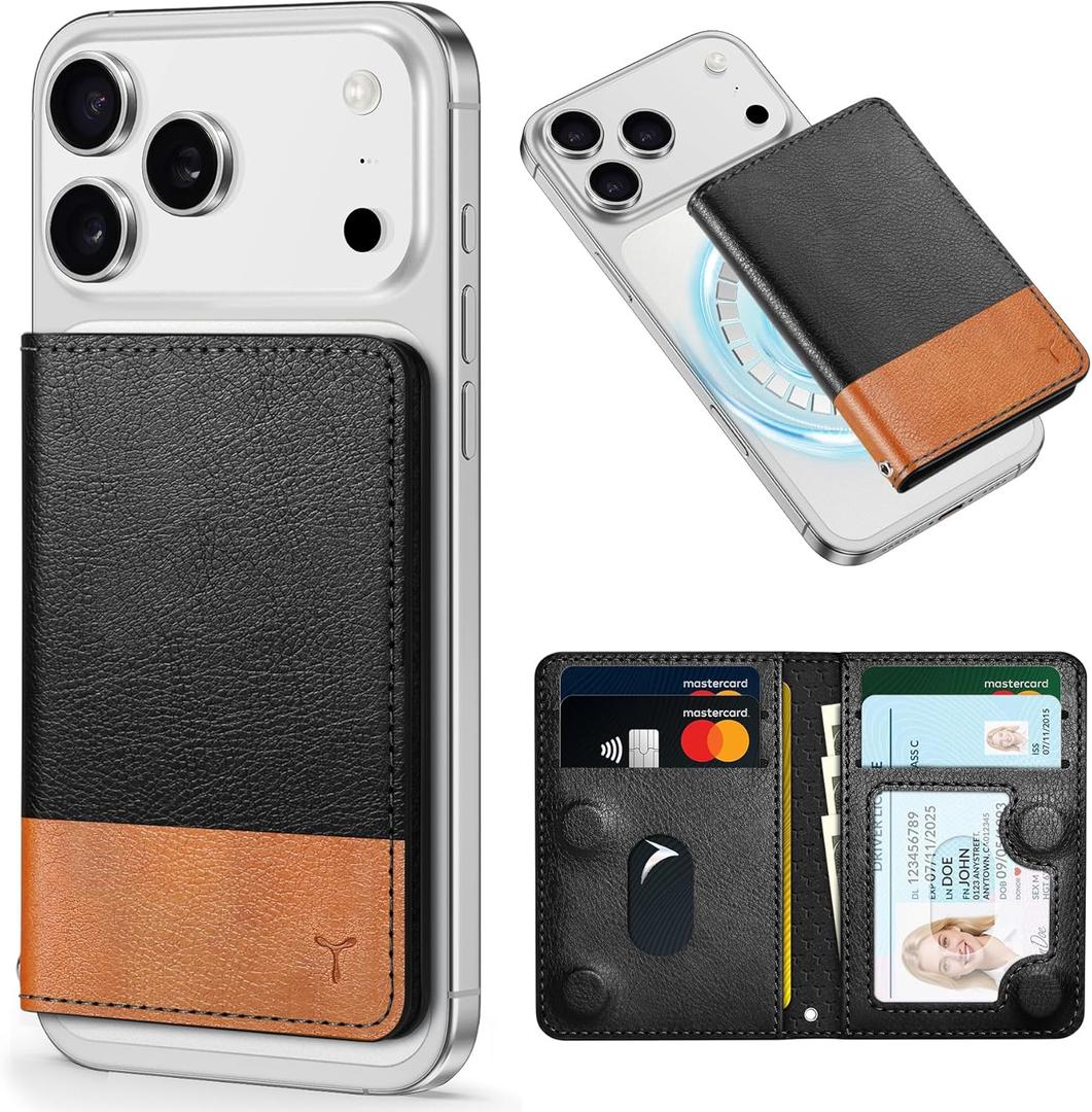 TUCCH for Magsafe Card Holder with Clear ID Window, Fit 6 Cards, RFID Blocking PU Leather Magnetic Phone Wallet for iPhone 17/16/15/14/13/12/Plus/Air/Pro/Pro Max Series, Textured Black & Light Brown
