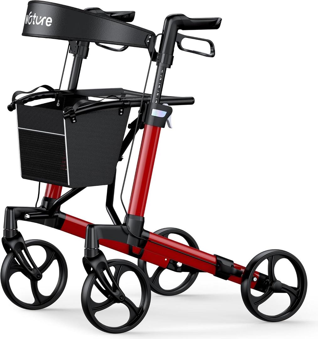 WOTURE Foldable Rollator Walker with Seat & Backrest 16 lb Ultra-Light Mobility Aid, 8" All-Terrain Wheels for Indoor/Outdoor Use, Adjustable Handles & Dual Brakes, Includes Storage Bag, Red