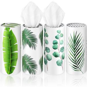 4 Pack Car Tissues Round Tube Tissues Box with Facial Tissue Bulk Boho Green Leaf Car Travel Cylinder Holder for Cup Holder Wedding Gifts Home Bathroom Office