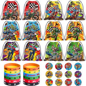 Dirt Bike Party Favor Supplies, Including Motorcycle Theme Boy Motocross Bags Drawstring Goodie Treat Bags Wristbands Badge, for Motocross Theme Kids Birthday Party Gift