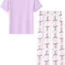 Umeyda Girls Pajamas 2PCS Short Sleeve Top & Pants 100% Cotton Pjs Sets Loungewear for Kids (Purple Bow Ribbon, 9-10 Years)
