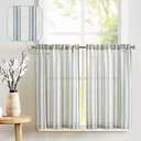 jinchan Striped Linen Kitchen Curtains 36 Inch Cafe Tier Curtains Balanced Stripe Farmhouse Small Drapes for Bathroom Laundry Over Sink Half Window Light Filtering 2 Panels Blue on Beige