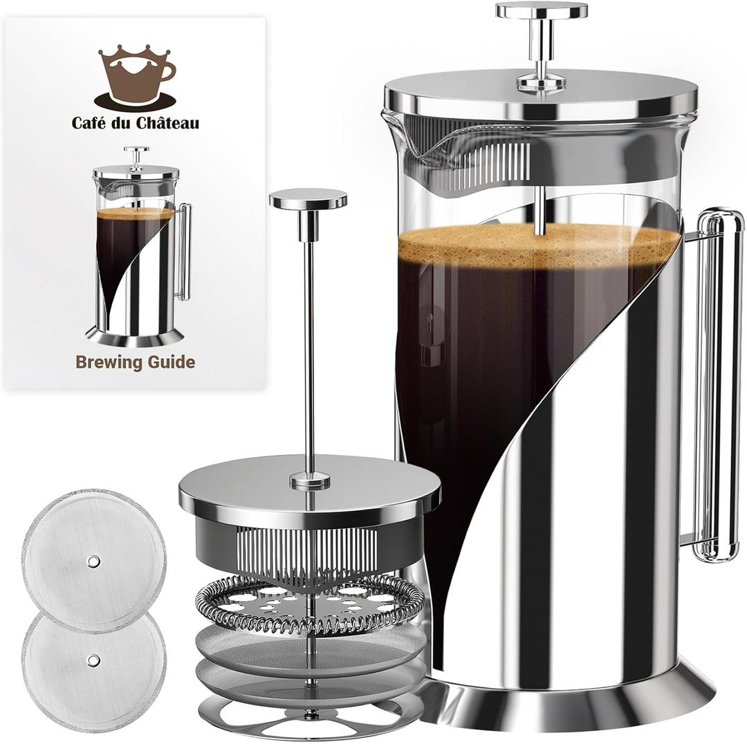 Cafe Du Chateau Stainless Steel French Press Coffee Maker 34 oz - Easy to Use Insulated Coffee Press with 4-Level Filtration, Manual Brewer for Tea, Camping & Travel with BPA Free, Durable Clear Glass