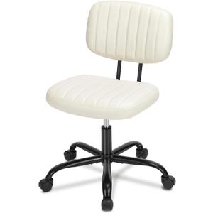 Office Chair, Swivel Rolling PU Leather Vanity Chair with Back Lumbar Support Height Adjustable Computer Chair, Small Desk Chair for Home Office (Beige White)