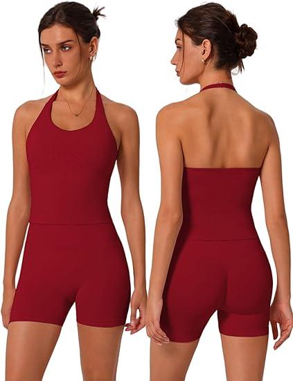 ABOCIW Workout Sets for Women 2 Piece seamless Halter Sports Bra Scrunch Butt Impact Shorts Gym Yoga Outfits (Small, Burgendy Red)