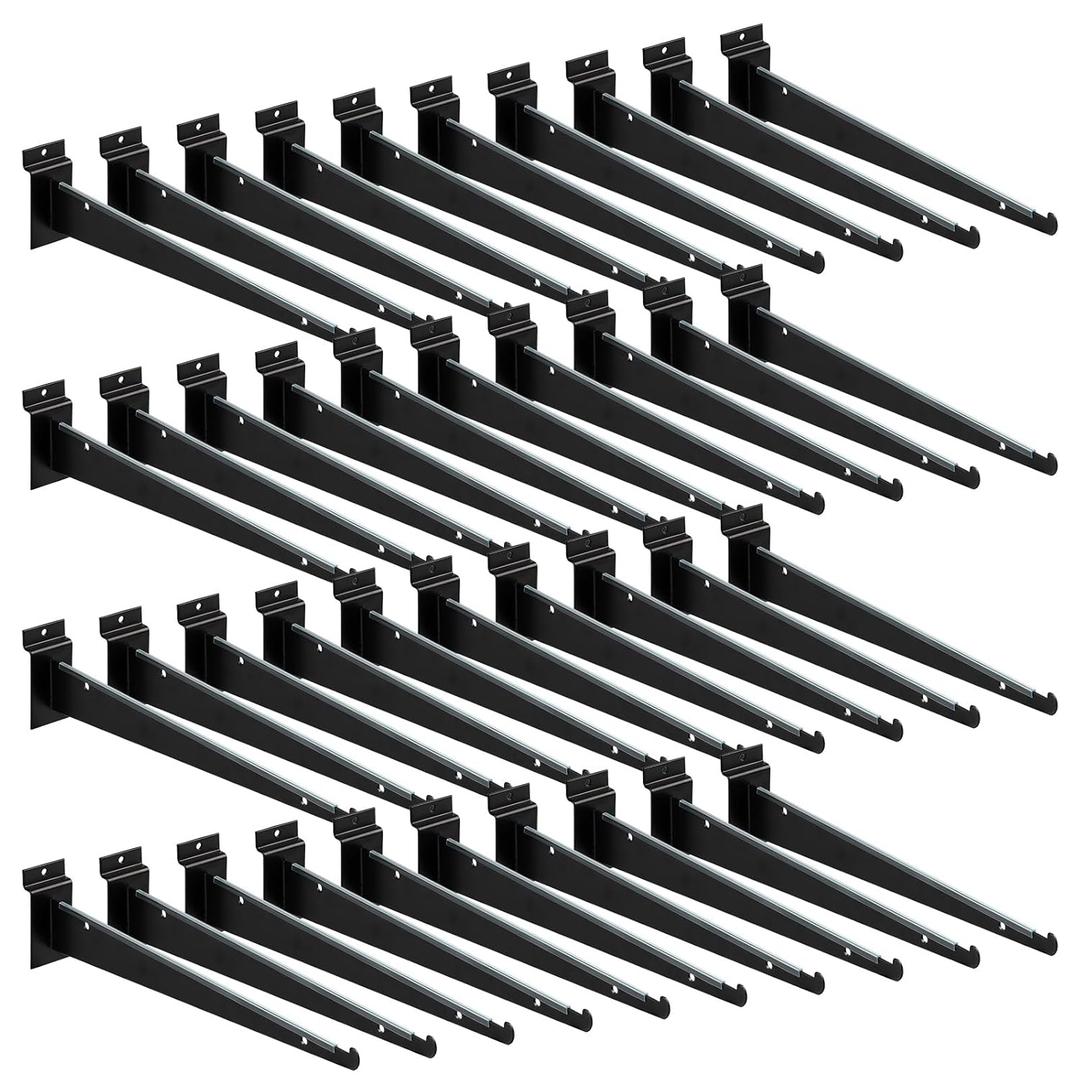 MUZIK 36pcs 12 Inch Slatwall Shelf, Heavy Duty Slat Wall Shelf Brackets with Lip Floating Slatwall Accessories for Garage Slat Panels Shelving Display (Black)
