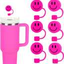 2 x Whaline 6Pcs Smiling Face Straw Covers - Hot Pink Silicone Reusable Topper, Double Sided Pattern Tip Covers 10mm 0.4 Inch for 30 & 40 OZ Tumbler with Handle