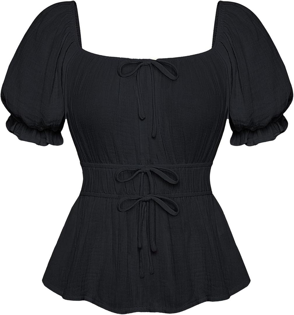 Scarlet Darkness Women Renaissance Shirt Puff Sleeve Square Neck Peasant Pirate Blouse (Large, Black)